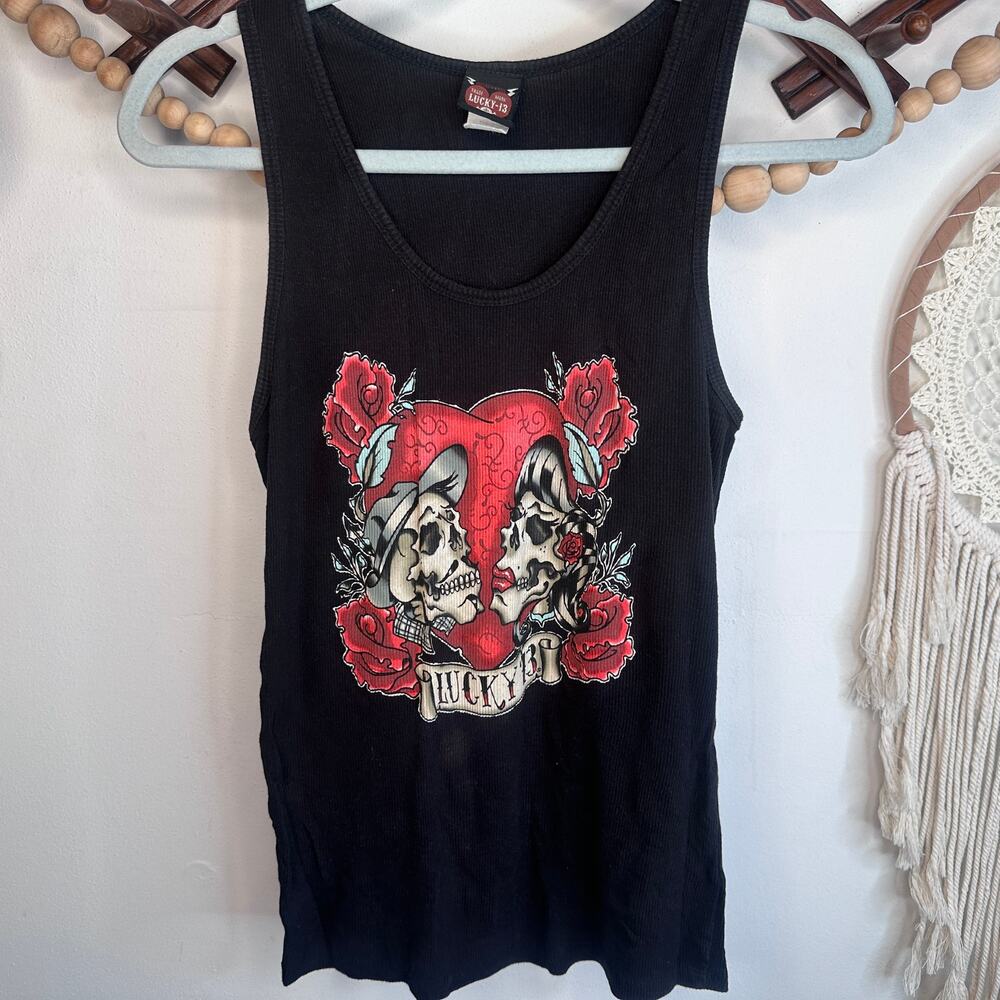 Lucky 13 Los Amantes Sugar Skull Black Ribbed Tank